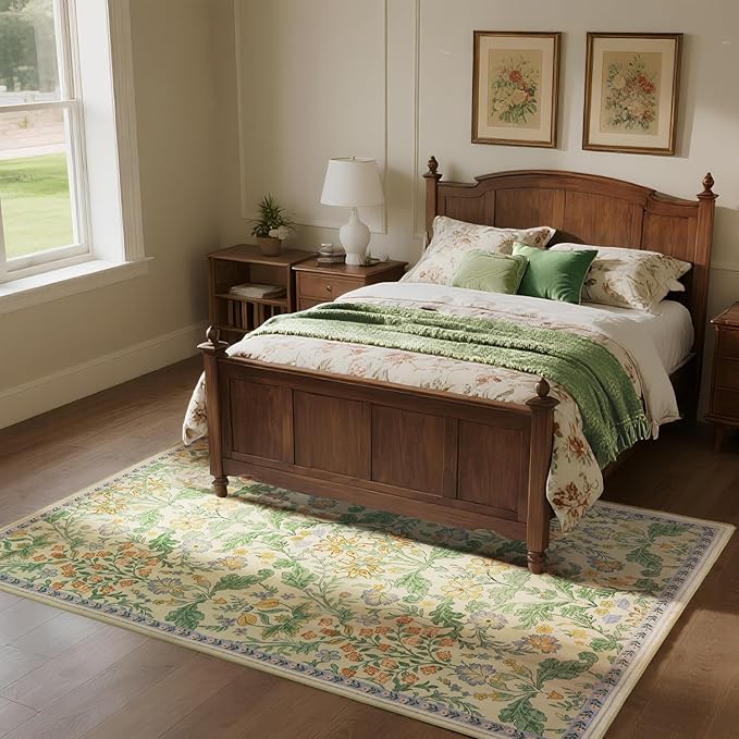 Floral Area Rug for Living Room: 5x7 Washable Soft Low Pile Thin Indoor Carpet, Non Slip Stain Resistant Vintage Flower Boho Accent Rugs for Bedroom, Dining, Home Office, Nursery - Ivory/Yellow
