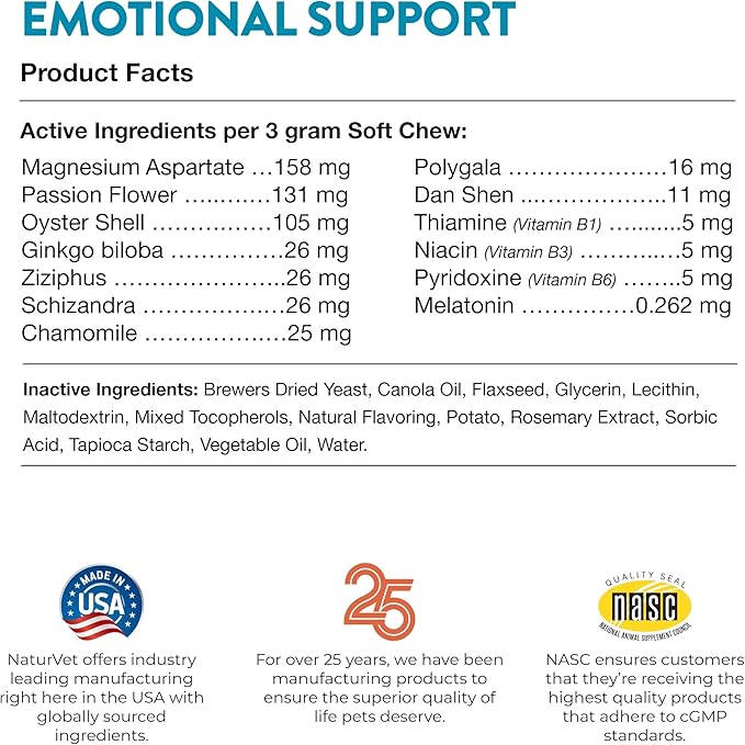 NaturVet Emotional Support Daily Calming Aid Dog Supplement - Helps Promote 24/7 Normal, Calm Behavior - for Dog Stress, Nervousness, Separation, Unwanted Behavior - 120ct Soft Chews