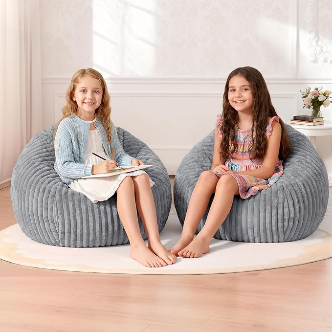 Homguava 2Pcs of 2FT Bean Bag Chair, 2' Small Bean Bags with Memory Foam Filled, Beanbag Chairs with Machine Washable Cover Dutch Corded Plush Cover for Classroom,Living Room,Bedroom-Grey