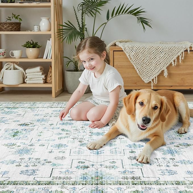DCX Green 4x6 Rug, Kid & Pet Friendly with Rubber Back Non Slip, Machine Washable Stain Resistant Vintage Boho Floral Rug for Living Room, Bedroom, Soft Low Pile Large Nursery Carpet