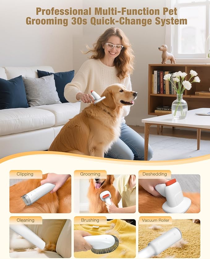 Sharper Image Professional Pet Grooming Vacuum Kit, 5-in-1 Dog Grooming Clippers with Low Noise Trimmer, 2.5L Large Dust Cup, 3 Suction Modes & 5 Grooming Tools for Dogs, Cats and Small Pets