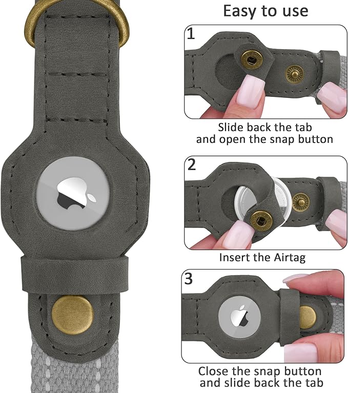 Reflective Leather Dog Collar with AirTag Holder - Soft Apple Airtag Dog Collar with Metal Buckle - Safety Cotton Pet Collars for Dogs Small Large Dogs Puppy (Grey, M, 14"-18")