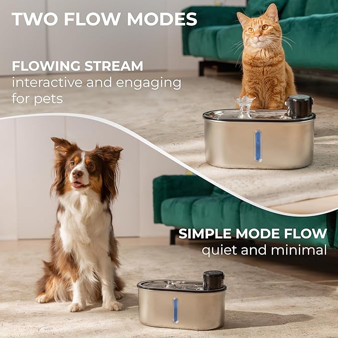 Wireless Cat Water Fountain Stainless Steel 108oz/3.2L, Cordless, Battery Operated Cat Fountain (Last up to 50 Days), Ultra Quiet, 2 Flow Modes, Multi-Filtration, BPA Free, Includes 2 Filters - Black