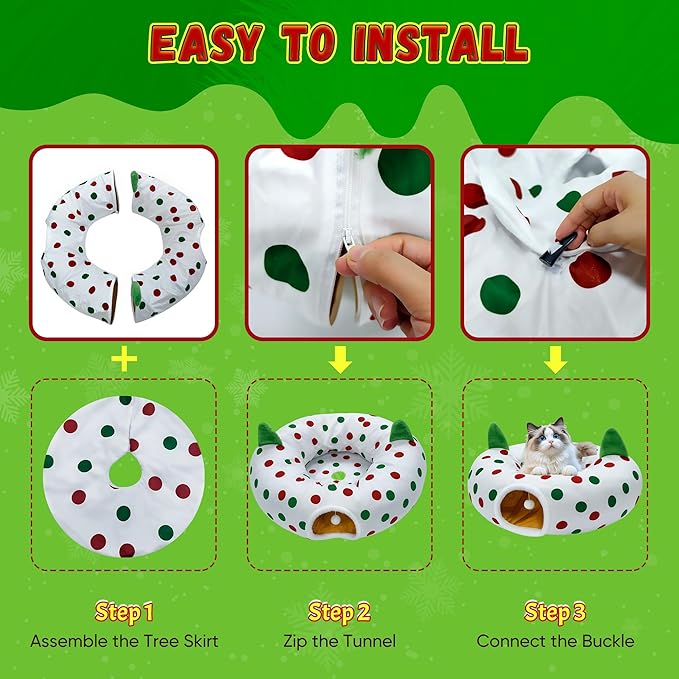 Cat Tunnel Christmas Tree Skirt, 3ft x 3ft x 9.8in Cat Tunnels for Indoor Cats, Red and Green Dot Cat Donut Tunnel with Hanging Ball and Cat Ears, Kitten Toys for Indoor Kittens Puppy Rabbit