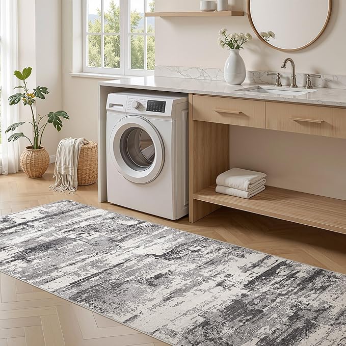 Hallway Washable Runner Rug: 3x8 Abstract Modern Soft Stain Resistant Non-Slip Backing Runner for for Entryway Kitchen Laundry - Black Grey