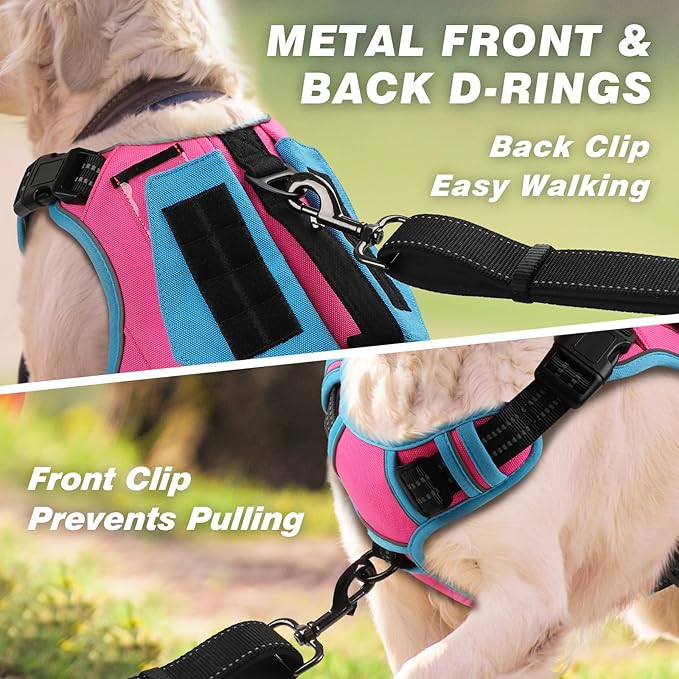 WINGOIN Tactical Dog Harness for Small Dogs, No Pull Harness with Handle Pockets Poop Bag, Reflective Dog Vest, Military Service Heavy Duty Big Dog Harness for Walking Hiking Training (Pink Blue, S)