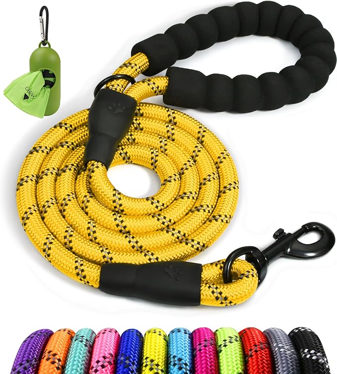 Taglory Rope Dog Leash 6 FT with Comfortable Padded Handle, Highly Reflective Threads Leash for Small Dogs, 3/8 inch, Yellow