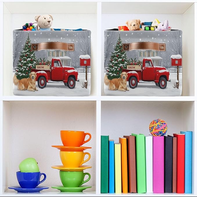 Christmas Tree Red Truck Storage Basket Fabric Laundry Baskets Winter Snowman Snowflake Golden Retriever Dog Storage Boxes Organizer Bag for Cloth Toy Book Storage Cubes Shelf Closet Bins 16×12×8
