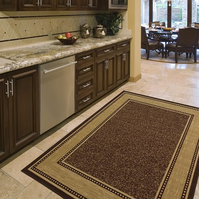 Ottomanson 5' x 6'6" Rugs for Living Room Border Area Rug for Bedroom - Non Slip Durable Large Floor Carpet for High Traffic Areas - Indoor Rug for Dining Room Kitchen Kids Playroom, Brown