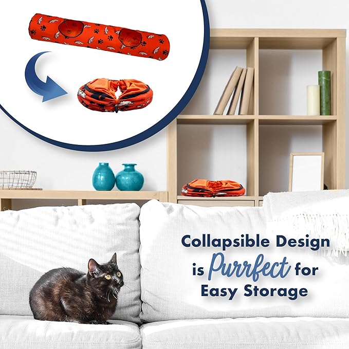 NFL Denver Broncos Cat Tunnel Tube Toy with Plush Football Catnip and Feathers Collapsible Tunnel for Cats to Play, Peek and Hide, Sporty & Fun Cat Tunnel Toy with Team Logo All-Over Design!