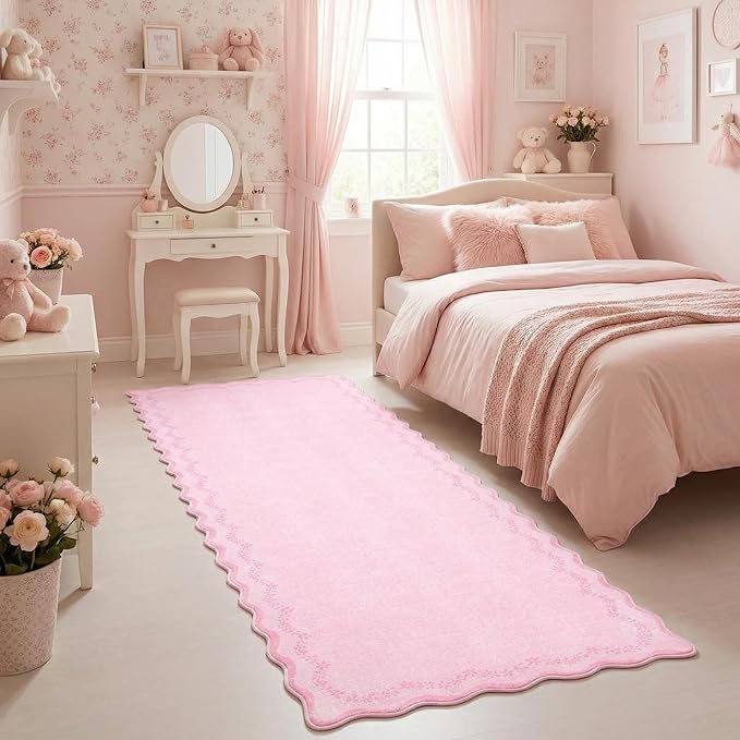 GarveeHome 2.5x8 Valentines Scalloped Washable Runner Rug for Bedroom, Soft Pink Long Hallway Runner Non Slip Entryway Rug Farmhouse Thin Laundry Mat Stain Resistant Carpet for Kitchen Bathroom Rug