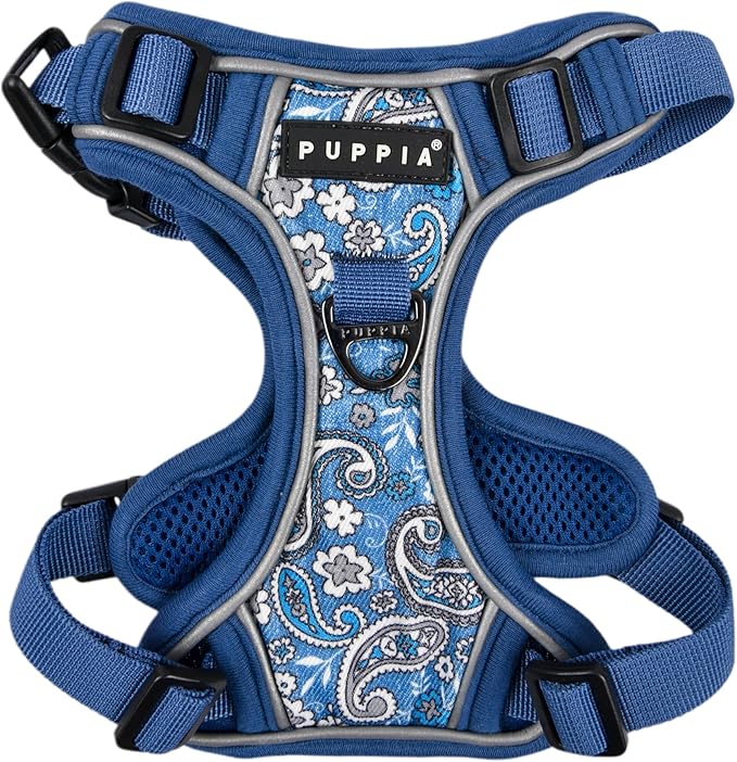 Puppia Cynthia Dog Harness H Sturdy Adjustable Neck and Chest Reflective Flower Pattern Front and Back D-Ring for Small and Medium Dogs, Blue, XX-Large