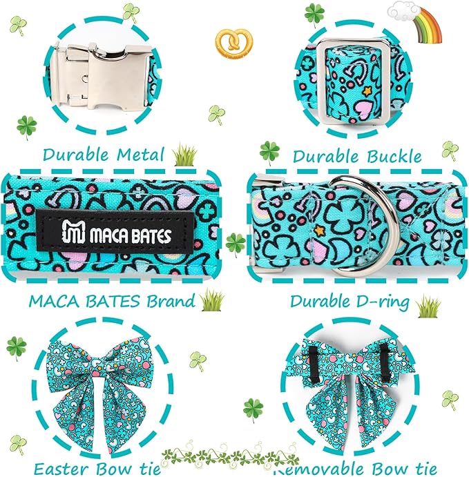 Maca Bates St. Patrick's Day Shamrock Dog Collar,Sailor Bow,Small Girl Boy Dogs,Cute Rainbow,Four Leaf Clover Pattern,Adjustable Durable Soft Collars Irish Gift for Male Female Puppy
