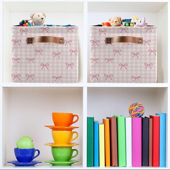 Wamika Pink Cherry Bow Storage Basket with Waterproof Liner and PU Handles Coquette Bowknot Storage Bins Boxes 14.2" Collapsible Decorative Organizer Baskets for Bedroom Closet Office 2 Pack