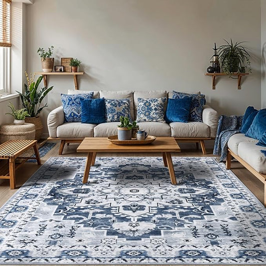 LBRO2M Boho Area Rug 6X9 for Bedroom Low Piles Indoor Rug, Non Slip Soft Carpet for Living Room, Dining Room, Blue Rug Foldable Pet Friendly Area Rugs Stain Resistant (6'X9' Blue)