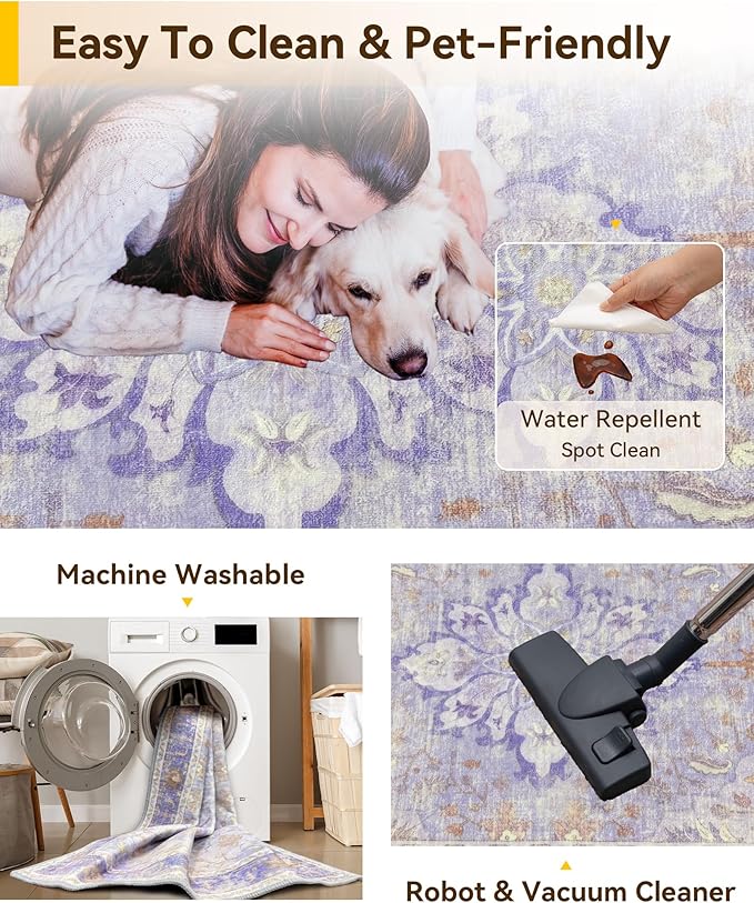 Area Rugs 6ft Washable Non-Slip, Floral Vintage Distress Print Pattern Medallion Carpet for Living Room Bedroom Dining Room, Light Purple Brown