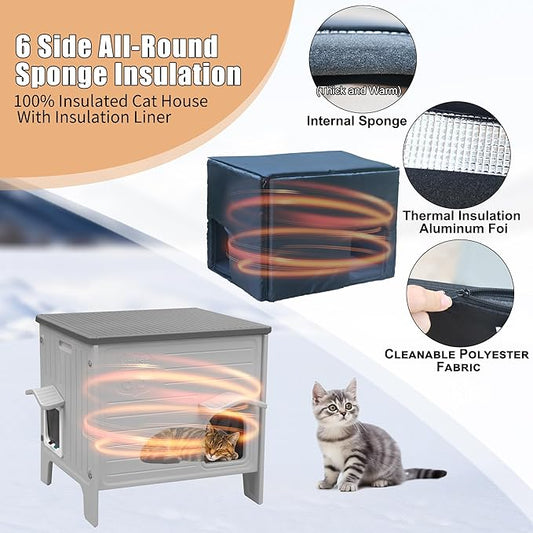 Outdoor Cat House with Insulated Liner for Winter，Waterproof Plastic Cat House for Outside, Cat Shelter for Feral Cats, Assemble Easily