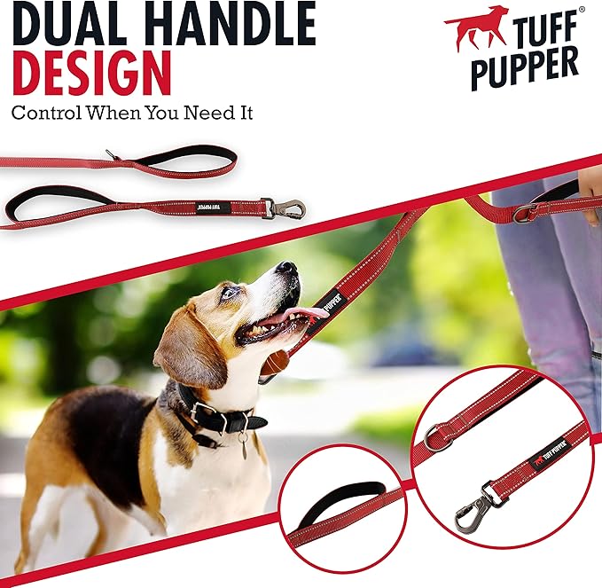 Tuff Pupper Heavy Duty Double Handle Leash - Twist Lock Carabiner Clip for Strong Medium & Large Dogs - Reflective, 6FT