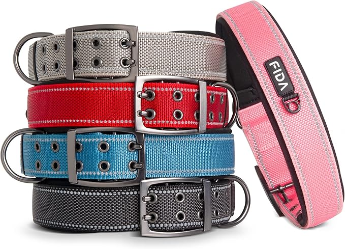 Fida Heavy Duty Dog Collar 1.5” Width, Ultra Soft Neoprene Padded, Adjustable Reflective Nylon Pet Collar with Two Metal Pin Belt Buckle for Large/X-Large Breeds (XL, Red)