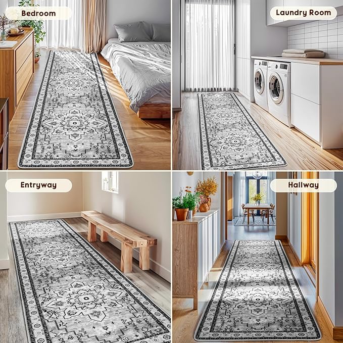 LBRO2M Boho Hallway Rug 2'X10’ Washable Runner Rugs Non Slip Low Piles Rugs Vintage, Soft, Gray Area Rug Runners for Hallways, Bedroom, Kitchen Laundry Room Pattern Print (2'X10', Light Gray)