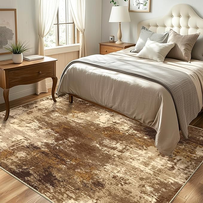 Washable Area Rugs 8'x10' Non-Slip Modern Abstract Soft for Living Room Entryway Bedroom Nursery, Print Pattern, Brown Tan Beige Coffee