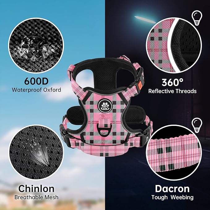 NESTROAD No Pull Dog Harness with Leash, Reflective No Choke Pet Vest Harness,Adjustable Soft Padded Dog Harness with Easy Control Handle for Large Dogs(Checkered Pink,Large)