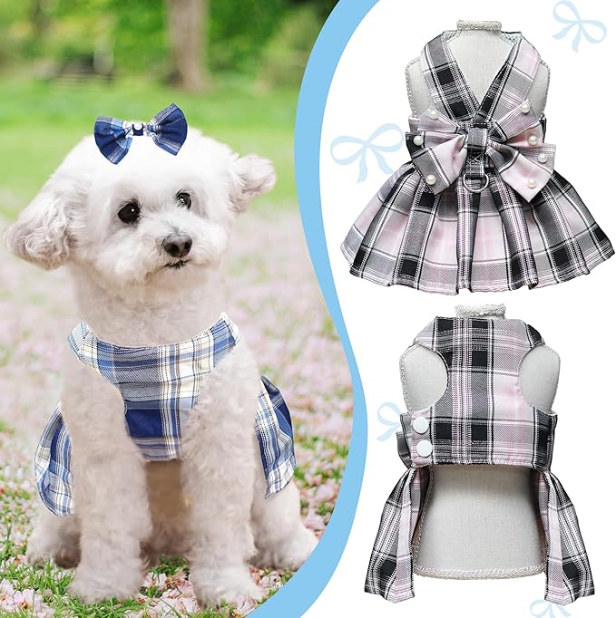 Dog Dress Bowknot Harness Leash Set for Small Dogs Girl Cute Plaid Dog Dress Pearls Bow Tie Spring Summer Princess Clothes Birthday Holiday Doggie Outfits for Puppy Cats Girl Apparel (Black, Small)