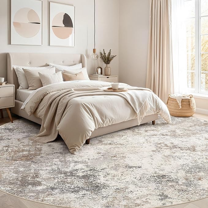 10ft Round Area Rug Living Room Rugs - 10x10 Washable Large Neutral Modern Abstract Soft Thin Rug Indoor Floor No Slip Rug Carpet for Bedroom Under Dining Table Home Office Decor - Brown Grey
