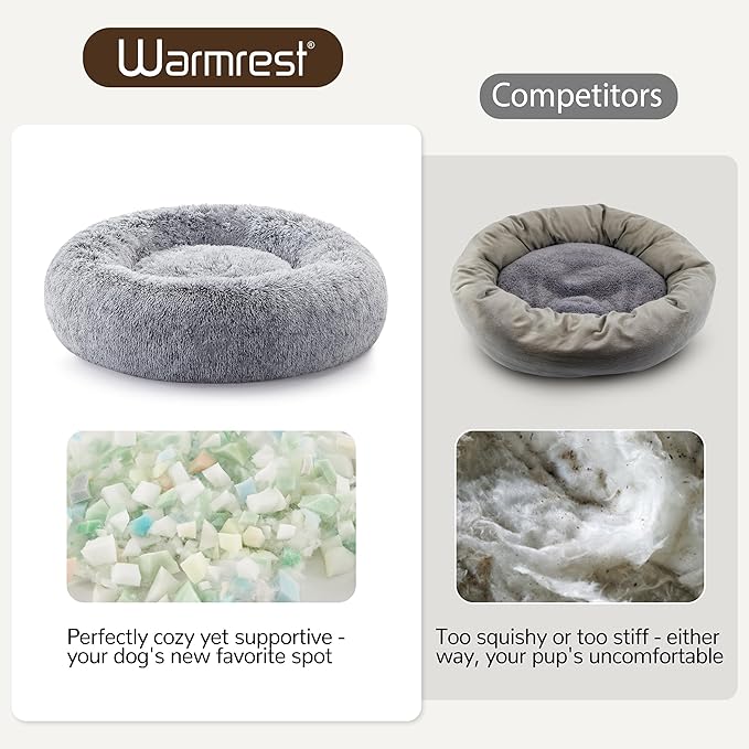 Donut Dog Bed Medium Size Dog 36 Inch, Round Cat Beds for Small Medium Dogs and Cats with Washable Fluffy Faux Fur, Cute Comfort Pet Bed with Anti-Slip Bottom, Grey