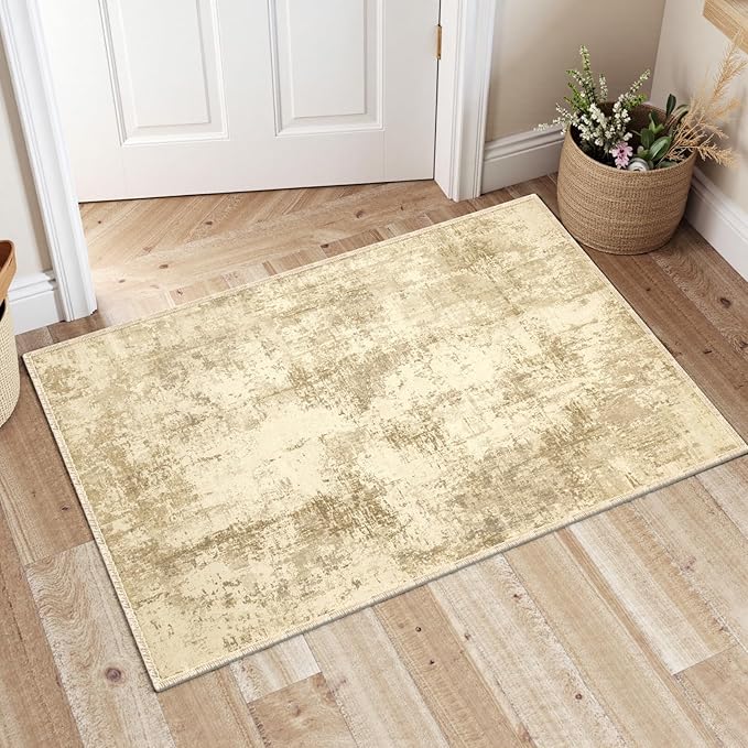 LEPEII 2x3 Rug, Modern Abstract Area Rugs for Entryway, Small Non-Slip Throw Rugs for Kitchen, Bathroom, Low Pile Lightweight Rectangle Washable Rug-Beige