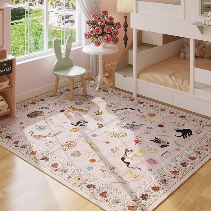 Rugcomf Bedroom Rug 3x5 Rug Washable Area Rug Non Slip Low Pile Boho Floral Animal Cat Small Carpet for Bedroom Bedside Kitchen Entryway Kids Room Office College Dorm Essentials for Girls, Pink