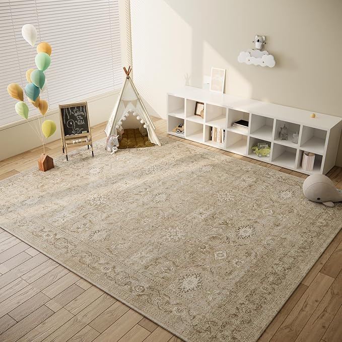 Washable Living Room Area Rugs: 6'x9' Large Rug Stain Resistant Distressed Vintage Boho Carpet Non Slip Low Pile Faux Wool Soft Rug for Kitchen Dining Room Nursery Kids Playroom Farmhouse Bedroom