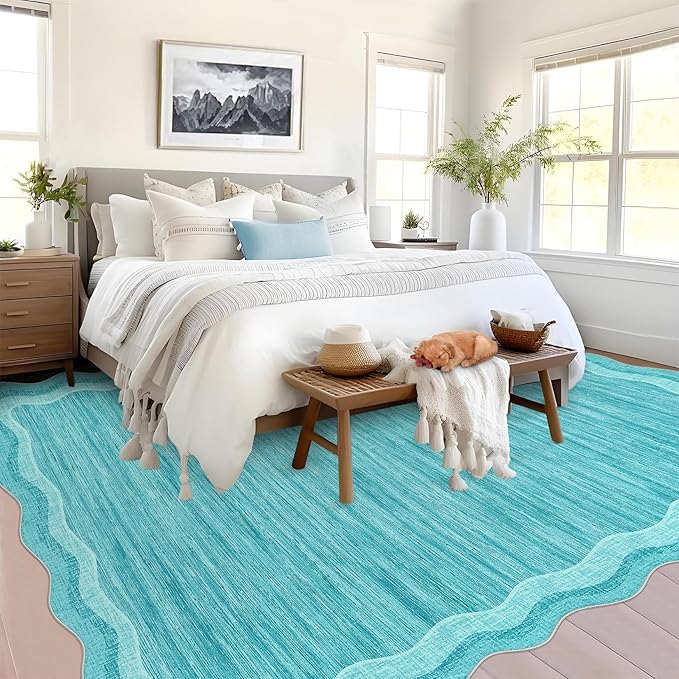 GarveeHome Modern Rug for Living Room 9x12 Large Scalloped Carpet, Non-Shedding Contemporary Easy Cleaning Mats, Solid Color Teal Indoor Rug for Office, Dining Room, Playroom, Bedroom