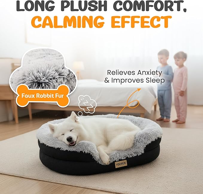 Fluffy Orthopedic Dog Bed for Extra Large & Jumbo Dogs, Calming Plush Sofa Bed with Curved Bolster Support, 48" Cozy Oval Pet Donut Bed with Washable Cover, Gray
