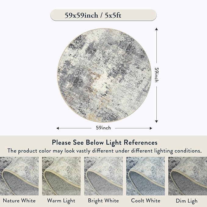 Lahome Modern Abstract Round Rug - 5Ft Grey Living Room Rugs Washable 5x5 Circle Rugs Indoor Dining Table Mat, Soft Non Slip Low Pile Office Carpet for Bedroom Playroom Kitchen Coffee Table