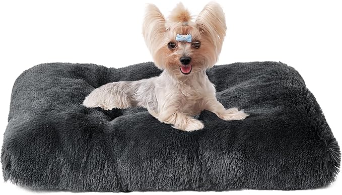 EHEYCIGA Fluffy Dog Crate Bed for Small Dogs, Plush Faux Fur Crate Pad, Calming Anti Anxiety Small Dog Bed, Washable Soft Warm Mat with Non-Slip Bottom, Dark Grey