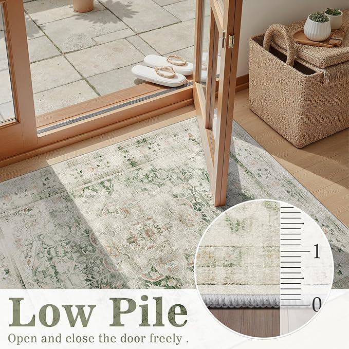 DCX 3x5 Green Rug, Machine Washable Stain Resistant Distressed Vintage Rug, Kid & Pet Friendly with Rubber Back Non Slip Soft Low Pile Large Carpet for Living Room, Bedroom, Home Office