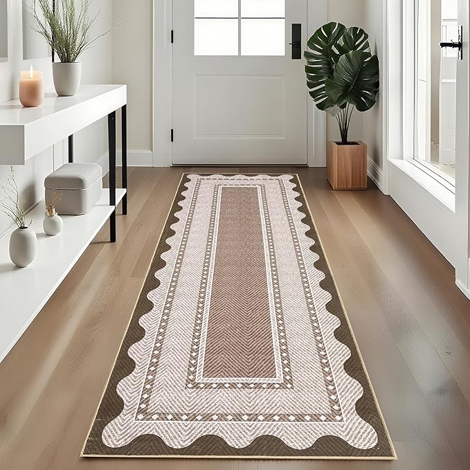 GarveeHome Hallway Runner Rug 2x6 Washable Modern Neutral Area Rug, Non Slip Low Pile Border Kitchen Mats for Floor, Contemporary Stain-Resistant Soft Accent Carpet for Bedroom, Entryway, Red Brown