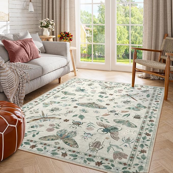 Lahome Insect Print Washable Area Rugs 5x7, Soft Rugs for Living Room Ultra-Thin Non-Shedding Modern Bedroom Rug, Stain Resistant Throw Rug Large Carpet for Dining Room Kids Nursery(5'x7',Beige)