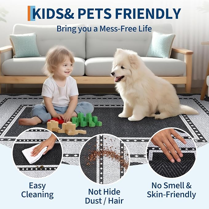GarveeHome Washable 8x10 Area Rugs with Non Slip Backing, Large Solid Rugs for Living Room Bedroom, Modern Border Neutral Soft Carpet, Stain-Resistant Floor Mats for Nursery, Home Decor, Black Grey