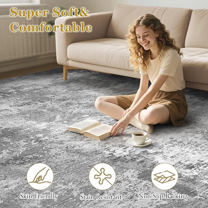 Area Rugs for Living Room: 5x7 Abstract Washable Rug Modern Neutral Large Soft Stain Resistant Non-Slip Backing Machine Table for Bedroom Dining Room Indoor Home Office Carpet - Light Grey