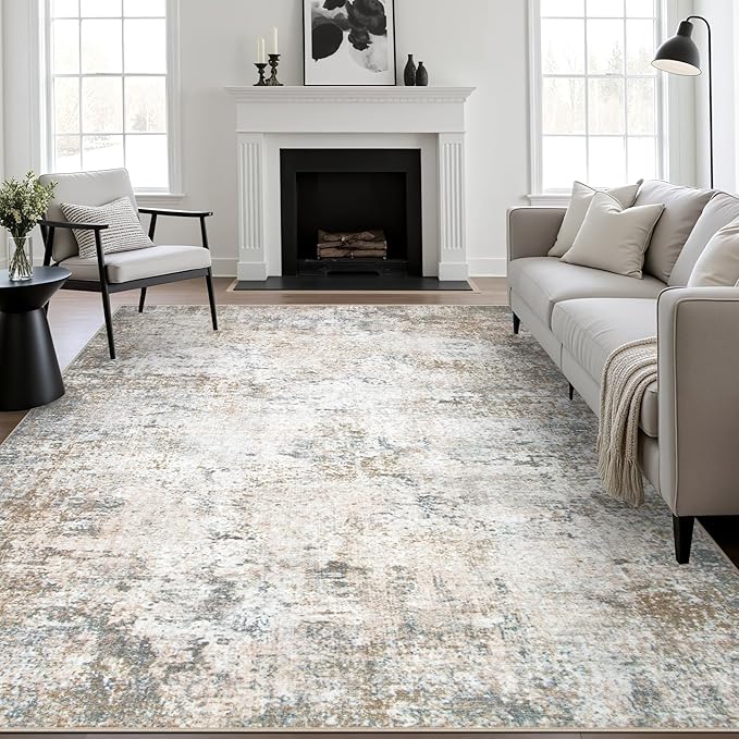 8x10 Area Rug Living Room Rug: Washable Modern Abstract Soft Thin Rug Indoor Floor No Slip Stain Resistant Carpet for Bedroom Dining Room Farmhouse Nursery Home Office - Brown Grey