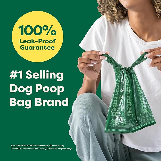 Earth Rated Dog Poop Bags with Handles on Refill Rolls, Easy-Tie on a Compact Roll, Extra Wide Opening, Guaranteed Leak-Proof, Unscented, 105 on Rolls
