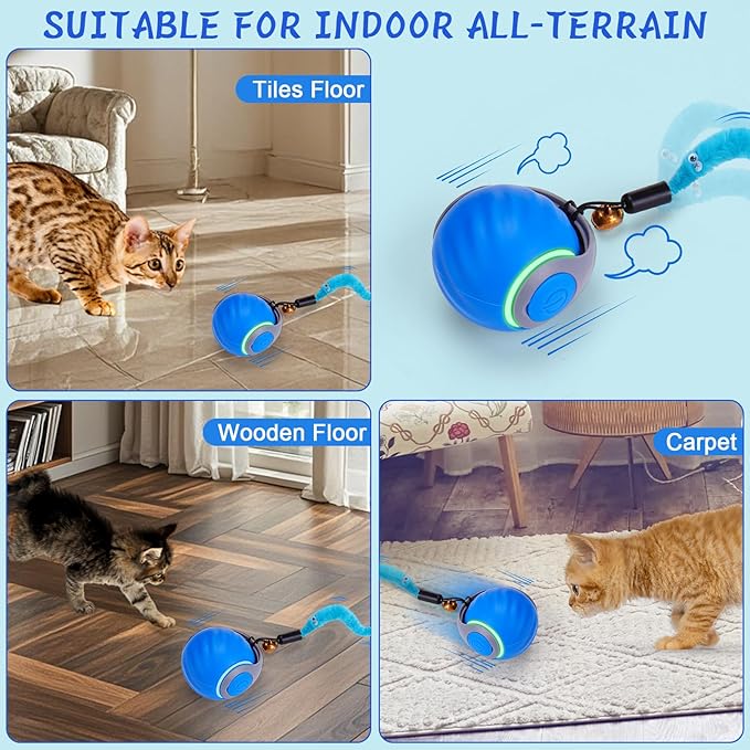 BABORUI 2Pack Blue Interactive Cat Toy Ball - Automatic Interactive Cat Toys for Indoor Cats with 3 Tails, 2 Speeds Rechargeable Enrichment for Small/Medium/Large to Keep Them Busy