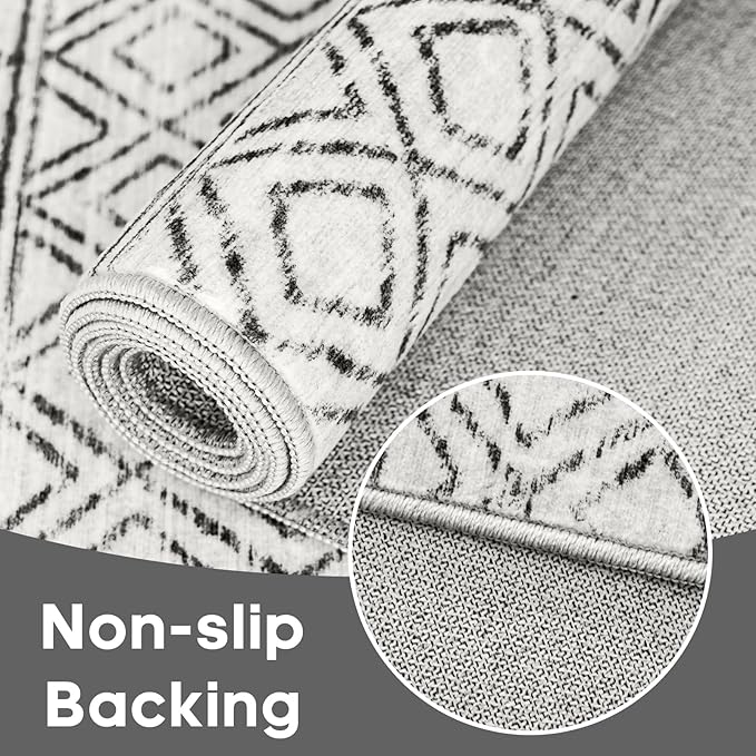 10 x 12 Area Rug - Modern Living Room Area Rugs Washable Moroccan Rugs Low Pile Non Slip Carpets Soft Indoor Thin for Bedroom Dining Room Office 10x12 Geo Grey