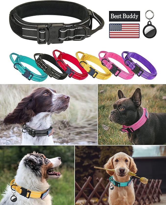 AUBELL Reflective Tactical Dog Collar,Adjustable Military Heavy Duty K9 Collars with Handle and Quick Release Metal Buckle Great for Large Dogs, with Airtag Case and 2 Patches (Black,L)