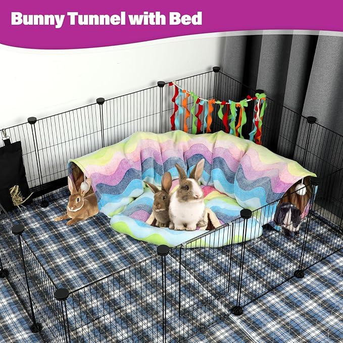 BWOGUE Bunny Tunnel Bed, 2-in-1 Collapsible Tunnel Tubes Toys with Removable Mat Hideout for Cats Kittens Rabbits Guinea Pigs Kitty