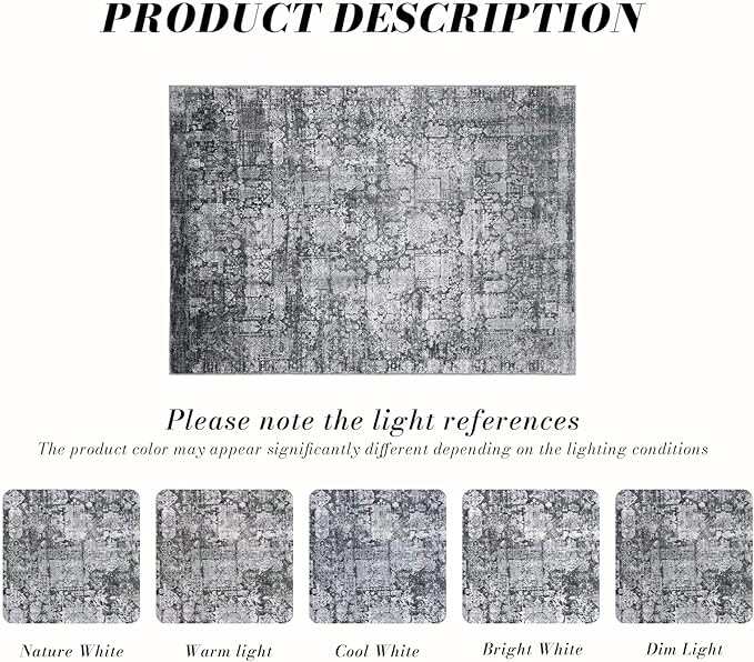 Area Rug 4횞6, Vintage Boho Rug,Ultra-Soft Low Pile, Washable, Non Slip,Stain Resistant Printed Carpet for Living Room Bedrooms Playroom Office Kitchen, Dark Stone