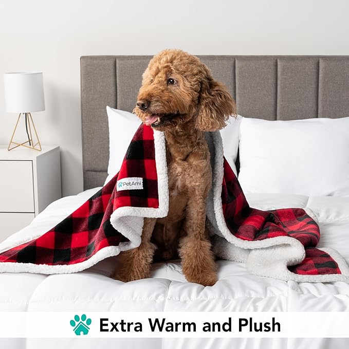 PetAmi Dog Blanket for Medium Large Dogs, Pet Bed Blanket Cat Puppy Kitten, Fleece Furniture Couch Cover Protector Sofa Car, Soft Sherpa Dog Throw Plush Reversible Washable, 40x60 Checker Red
