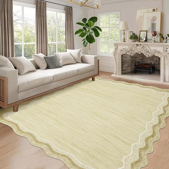 GarveeHome Washable Rug 9x12 Area Rug Solid Scalloped Carpet for Living Room Bedroom Modern Solid Carpet Non-Slip Easy Cleaning Low-Pile Soft Floor Mat for Nursery Home Office Dining Room, 9x12